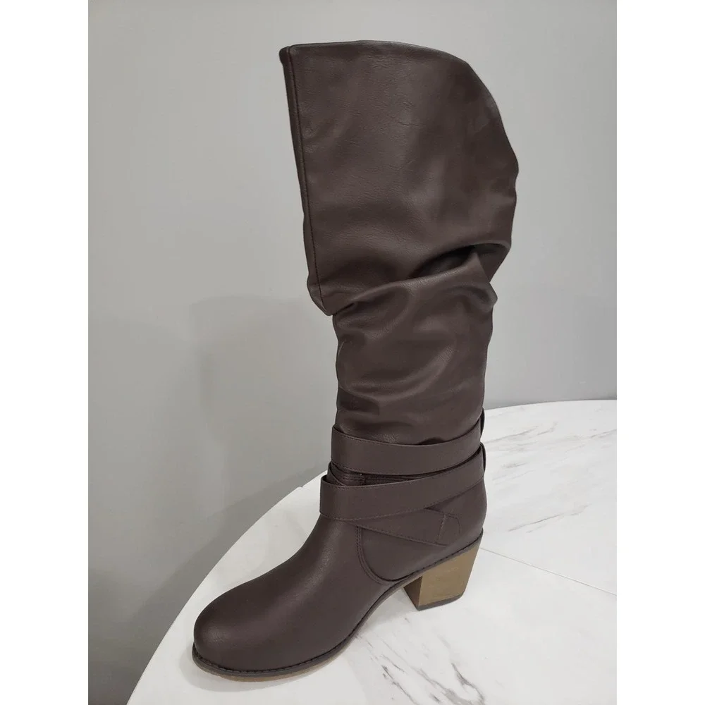 NEW‎ NO BOX Journee Collection Late Knee High Slouch Boot Brown Tall Block Heel